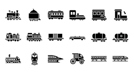 A grid of 16 black silhouette icons depicting various types of trains and railcars © Julian Vance