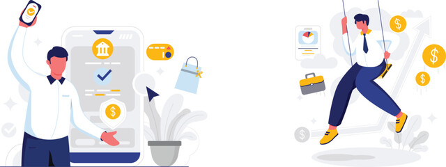 A man using a mobile phone and another man swinging on a rope with money and shopping icons around them © Muhammad Hridoy