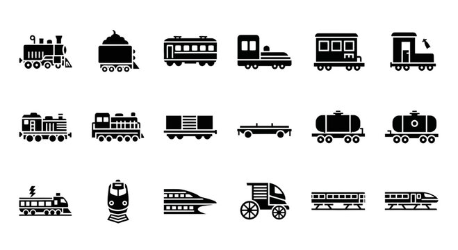 A grid of 16 black silhouette icons depicting various types of trains and railcars