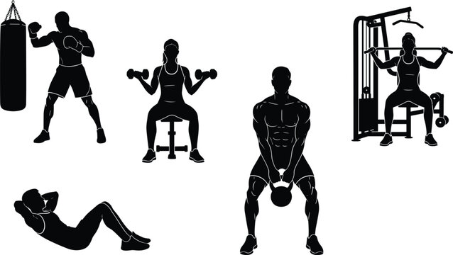 Silhouettes of people performing gym exercises including boxing, dumbbell lifting, lat pulldown, crunches, and kettlebell squat in vector design