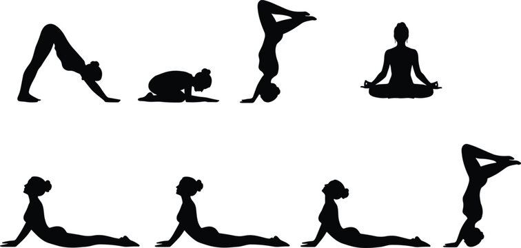Silhouettes of people performing yoga poses including Downward Dog, Child&rsquo;s Pose, Cobra, Headstand, and meditation in vector design