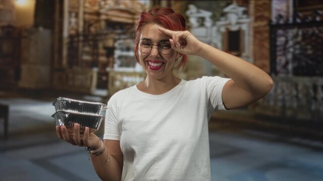 Woman holding foil food containers and saluting with hand to forehead in church building; community charity joy.
