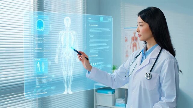 Doctor analyzing virtual human skeleton