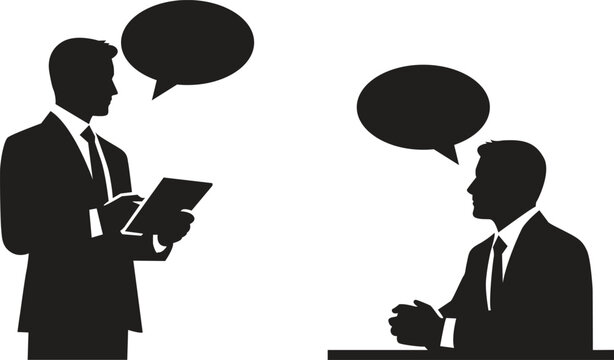 Two businessmen in silhouette engage in a formal conversation with speech bubbles
