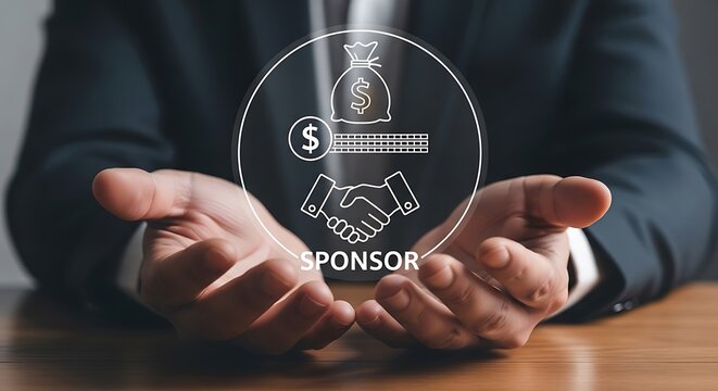 Businessman presenting sponsorship concept with hands on table money bag