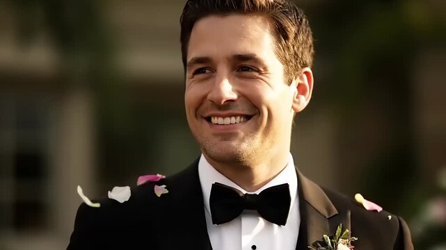 Happy groom in tuxedo with flower petals falling around him.
