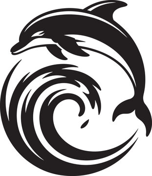 Stylized dolphin jumping over wave silhouette vector illustration, marine animal design for ocean and water themes