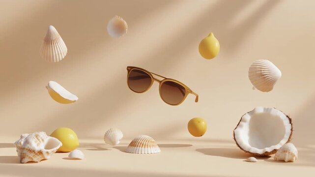 Shells, coconut, tropical fruit and sunglasses, floating in beige background with shadow
