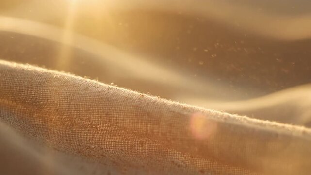 Beige linen or cotton fabric flowing gently with particle dust and morning soft sunlight