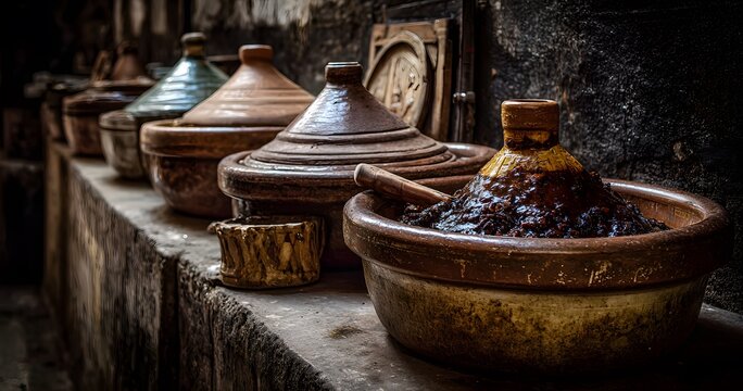 Inside ancient city wall of Morocco's Fez enticing Tagine taking shape intricately glazed earthware pot fragrant slow cooked blend of cumin lamb cinnamon spice wafting like tantalizing secret through