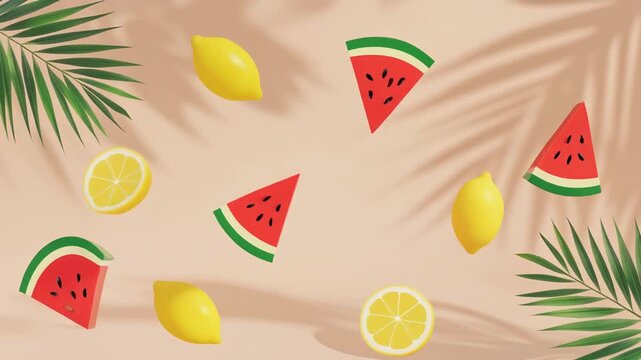 Animation of fruits. citrus, orange, lemon, watermelon, looped animated frame for background, banner, presentation, cafe. Fresh fruits, summer design in bright yellow and red colors