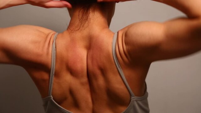 Athletic sport body woman doing stretching exercises for health neck, shoulders, upper back. Fit naked muscles model in bra isolated in studio light with copy space. Back view closeup