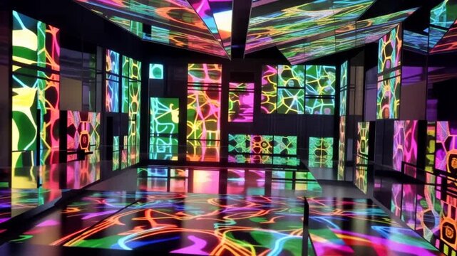 Neon-lit interior of a futuristic, empty exhibition space with colorful, glowing patterns on walls and floor