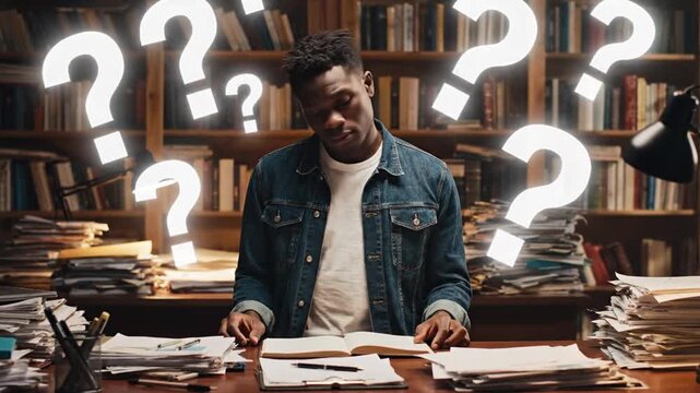 A confused student surrounded by books and question marks in a library