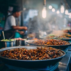 Fototapeta premium Mist shrouded morning local cook vibrant outdoor food market Bangkok carefully arrange crispy fried insect spicy sweet chili sauce adventurous palate clean professional stock photo sharp macro