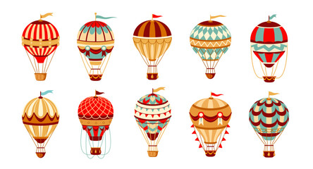 Vintage hot air balloons set. Beautiful flying retro hot air balloons decorated with flags, patterns and ribbons. Air transport vehicle. Flat vector illustration collection isolated on background