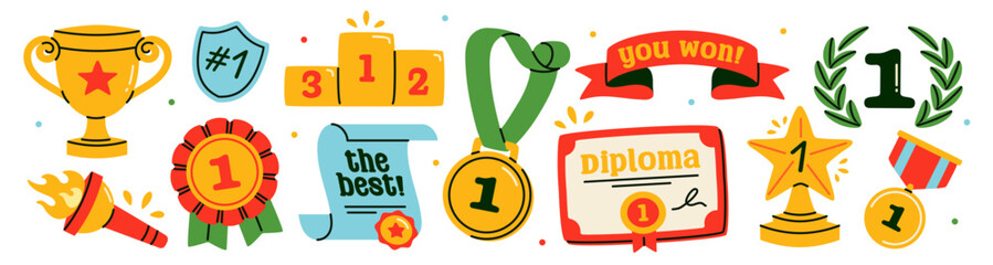 Naklejka premium Award doodle sticker set. Icons with gold cup, diploma, trophy, winner medal and laurels. Victory in sports competition. Hand drawn vector illustration collection isolated on background