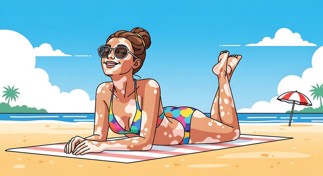 A vibrant cartoon illustration of a woman relaxing on a beach towel at a tropical resort.