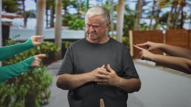Man rubs his hand and clasps his fingers while multiple people point fingers at him in a street; embarrassment isolation.