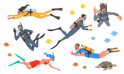 Diving people set. Scuba divers with gear and balloons swim underwater and observe marine life. Man and woman with snorkeling masks. Flat vector illustration collection isolated on background