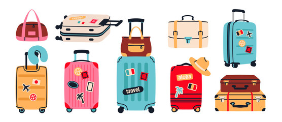 Set of Luggage with stickers. Cute doodle labels with travel suitcase, journey baggage, passenger handbag, bags and case. Tourism and travel. Flat vector illustration collection isolated on background