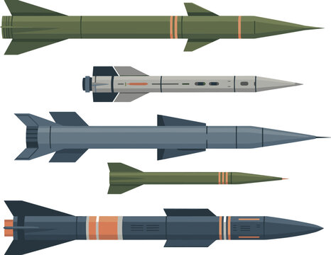Flat design missile collection, modern military rockets set with guided weapons, defense technology, tactical warfare equipment, vector illustration isolated