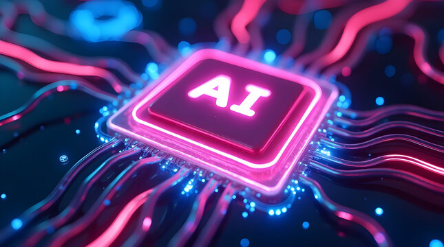 Glowing AI processor chip with neon pink circuits on futuristic motherboard, artificial intelligence computing concept with digital data flow and advanced technology