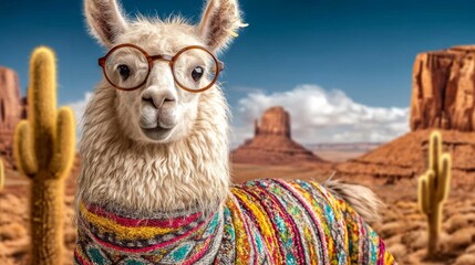 Fototapeta premium Colorful Llama in Stylish Poncho with Round Glasses in Desert Landscape