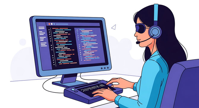 A female programmer wearing a headset works on a computer with code on the screen in a modern office setting.