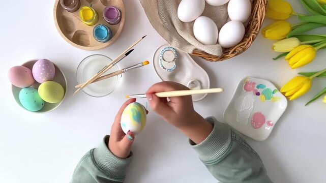 Caucasian child carefully painting easter eggs with a brush on white table. Top view. in a brightly lit kitchen Easter design