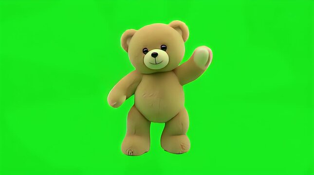 Cute animated brown teddy bear with a friendly face happily dancing and waving its arm on a vibrant green screen background, perfect for children's content and playful designs.