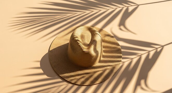 Straw hat on neutral background with palm leaf shadow pattern, warm sunlight highlighting a minimalist summer aesthetic in clean commercial style.