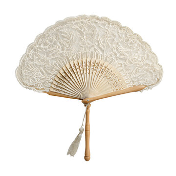 Elegant Lace Hand Fan with Wooden Base and Tassel on Black Background