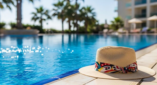 Straw hat placed near a swimming pool edge with bright blue water reflections, sunny summer atmosphere capturing a relaxed vacation lifestyle concept.