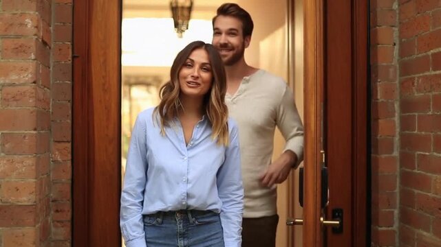 Smiling couple welcomes visitors into their home standing in an open doorway Warm and inviting