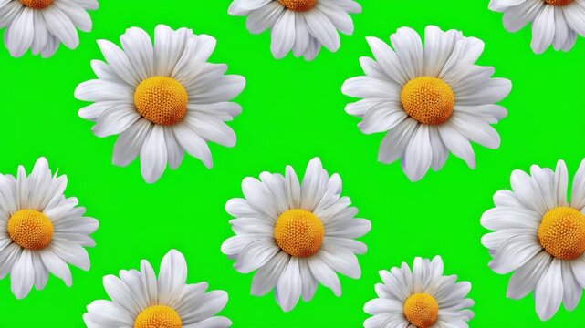 Daisy Flowers moving on empty green screen background. Falling With Green Screen Animation. Spring flowers. Summer concept chroma key
