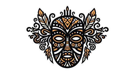 Fototapeta premium Decorative tribal mask emblem, bold central mask with thick outlines and patterned fills, ornamental tribal details, logo-style composition, flat vector, isolated background, no text