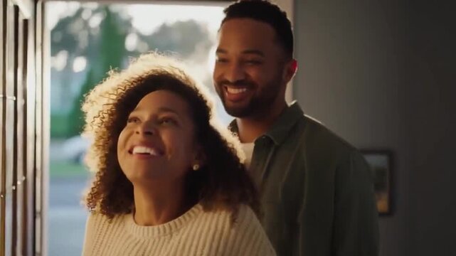 Smiling couple opening door and walking in their apartment, entering new home, happy cheerful young guy and lady standing in doorway of modern flat, looking at design interior together, coming inside