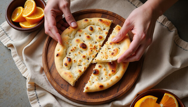 Freshly baked bread with hands serving warm pieces on wooden board, surrounded by oranges in bowls. Baking bread creates a delightful experience for family gatherings. Concept for culinary blog.