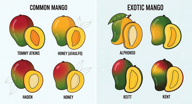 A colorful vector graphic illustration of various mango types, including common and exotic varieties.