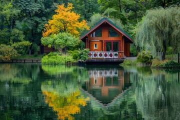 Obraz premium Beautifull small rest home near the lake with mirror. Green trees around the lake