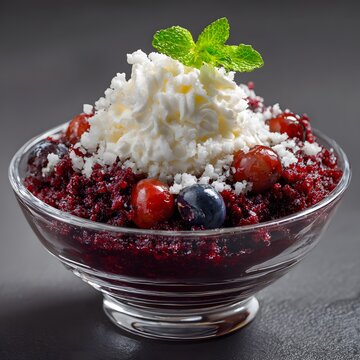 Sample culinary delight of Brazil indulge Aa granita dish of crushed fruit topped whipped cream cheese clean professional stock photo sharp macro photography style cinematic realism ultra