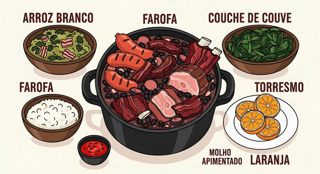 A vibrant vector graphic illustration of traditional Brazilian barbecue foods with various dishes labeled in Portuguese