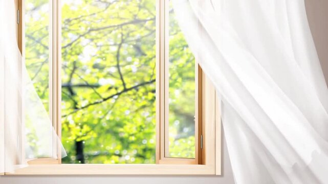 Wind curtains blown door window garden. open window swaying wind curtain living room summer morning sunshine. close up window into bedroom. fresh spring forest greenery view
