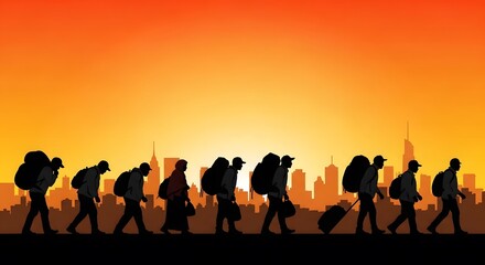 Fototapeta premium Labor day commute silhouettes against vibrant sunset cityscape