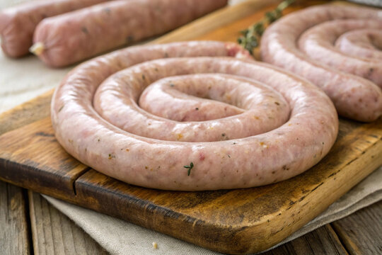 Biała kiełbasa własnego wyrobu w spiralnym zwinięciu na drewnianej desce, świeża surowa wędlina, tradycyjna kuchnia polska.
