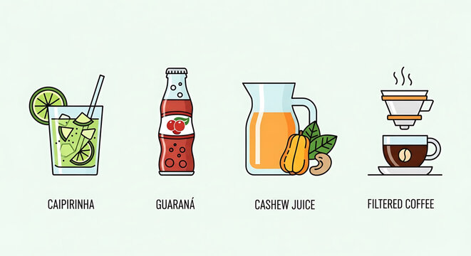 A colorful vector graphic illustration of various popular beverages, including Caipirinha, Guarana, cashew juice, and filtered coffee.