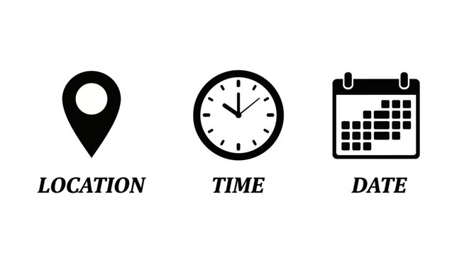 Essential Icons for Location, Time, and Date for Planning and Organization Purposes