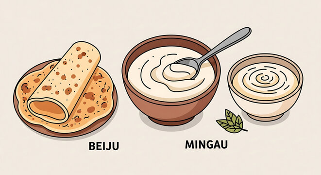 A vector graphic illustration of traditional Brazilian food items, including beiju and mingau, in a flat and minimal design style.