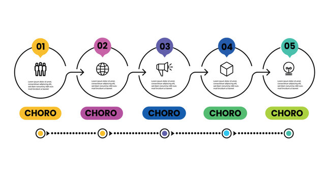 Professional 5-step horizontal timeline infographic with numbered circles colorful pointers and line icons for business process strategy and project management
